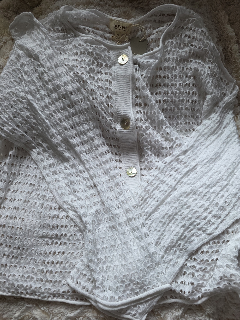 White Open-Knit Button Front Cardigan - Picture 6 of 6